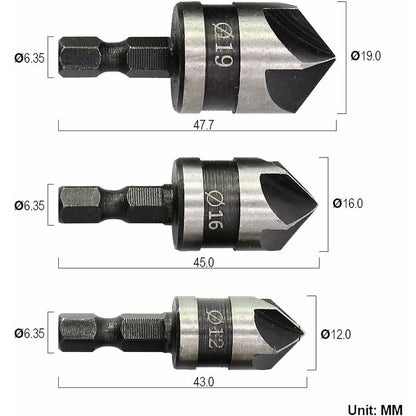 3 pcs 1/4" Hex Hcs Countersink Bit 5 Flute Countersink Drill Bits Countersink Bit 12Mm/16Mm/19Mm For Wood Metal - Image 4