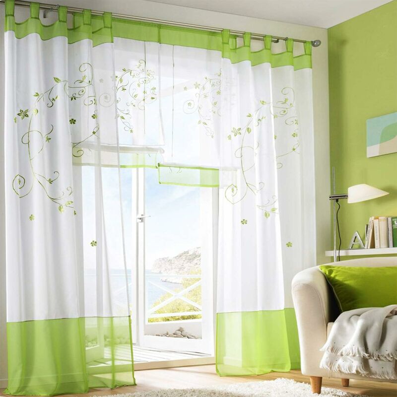 Sheer Curtains Floral Voile Embroidery Tab Top Window Panels For Bedroom Living ROom Decoration 2 Panels, Green, W140Cm - Image 2