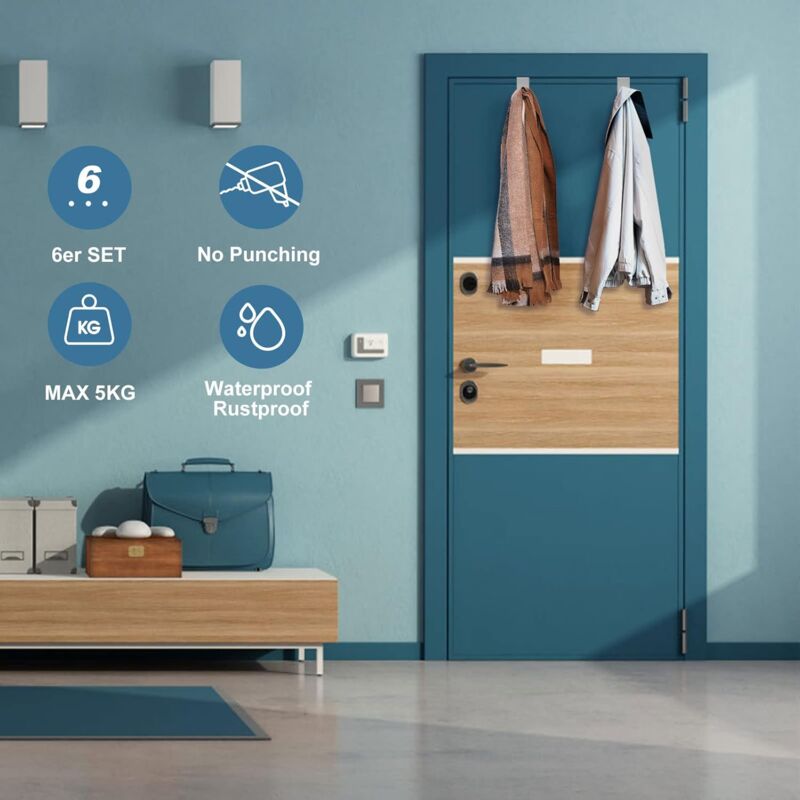Door Hook, 6 pcs Set Coat Hooks For Door Stainless Steel Door Hooks For Standard Door, Drawer, Cupboard Wardrobe, For - Image 2