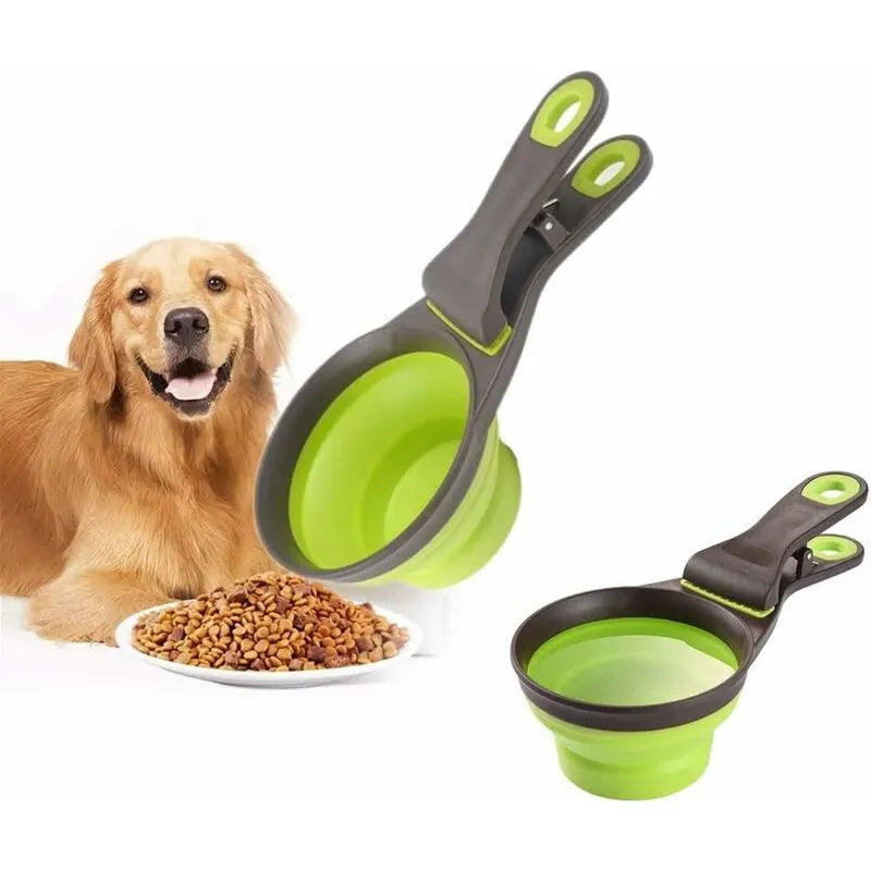 Multi-Purpose Pet Food Scoop, 3 In 1 Collapsible Silicone Measuring Cup And Bag Seal Clip For Dog Cat Storage Food