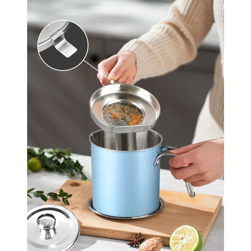 Oil Pot Grease Can Stainless Steel Storage Can With 1.6 Liter Can Dustproof Lid For Fine Mesh Strainer Non-Slip Plate - Image 2
