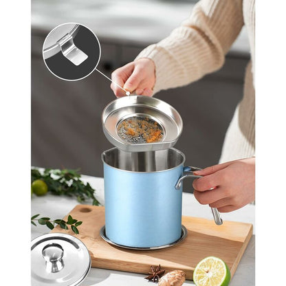 Oil Pot Grease Can Stainless Steel Storage Can With 1.6 Liter Can Dustproof Lid For Fine Mesh Strainer Non-Slip Plate - Image 2