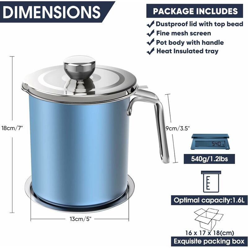 Oil Pot Grease Can Stainless Steel Storage Can With 1.6 Liter Can Dustproof Lid For Fine Mesh Strainer Non-Slip Plate - Image 3