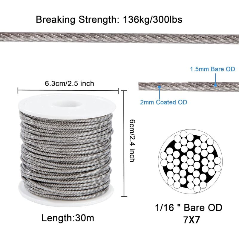 Wire ROpe Hanging Kit 2Mm Stainless Steel ROpe 30M With Turnbuckle Eye Screw Aluminum Sleeves Heart Thimble 56 pcs - Image 2