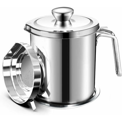 Oil Pot Grease Can Stainless Steel Storage Can With 2 Liter Can In Dust Cover For Fine Mesh Sieve Non-Slip Plate Frying