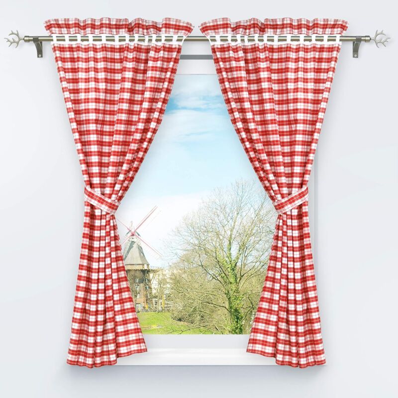 2 pcs Set Perforated Opaque Curtains With 2 Tiebacks Plaid Pattern Window Decoration For Bedroom Indoor Red H/W 120/80Cm - Image 2