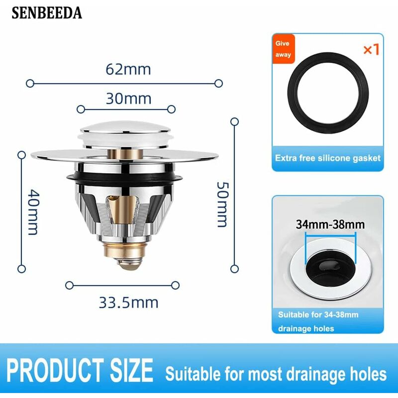 Universal Sink Drain Filter, Anti-Blocked Stainless Steel Sink Plug Push-In Stopper, Sink Plug, Anti-Odor Hair Filter - Image 2