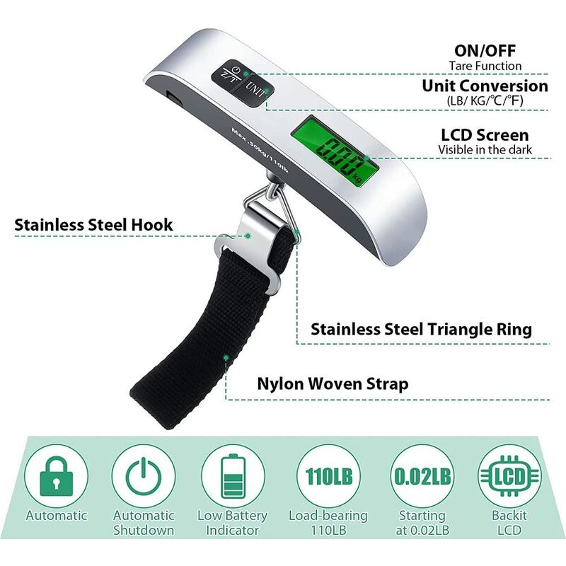 Travel Luggage Scale, Digital Luggage Scale For Suitcase With Temperature Reading 50Kg Capacity (Silver) - Image 2