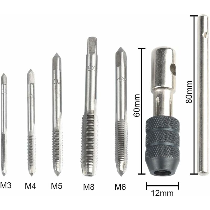 5 pcs Metric Hand Straight Flute Taps Assortment M3 M4 M5 M6 M8 With 1Pc Adjustable Wrench, Steel Thread Tap Set With - Image 2