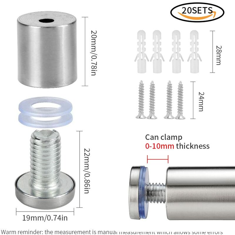 20 pcs Glass Standoffs, 19 X 25Mm Standoff Screws, Stainless Steel Wall Mount For Advertising Nails, For Plaques And - Image 3