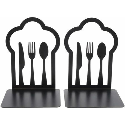 Pair Of Heavy Duty Metal Bookends - Unique Design - For Kitchen, Home, School, Office, Library - Black