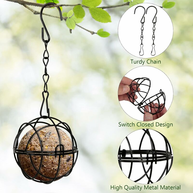 4 pcs Hanging Bird Feeders Metal Bird Fat Ball Holder Indoor Outdoor Black 7Cm Diameter Food Dispenser With 4 S-Shaped - Image 4