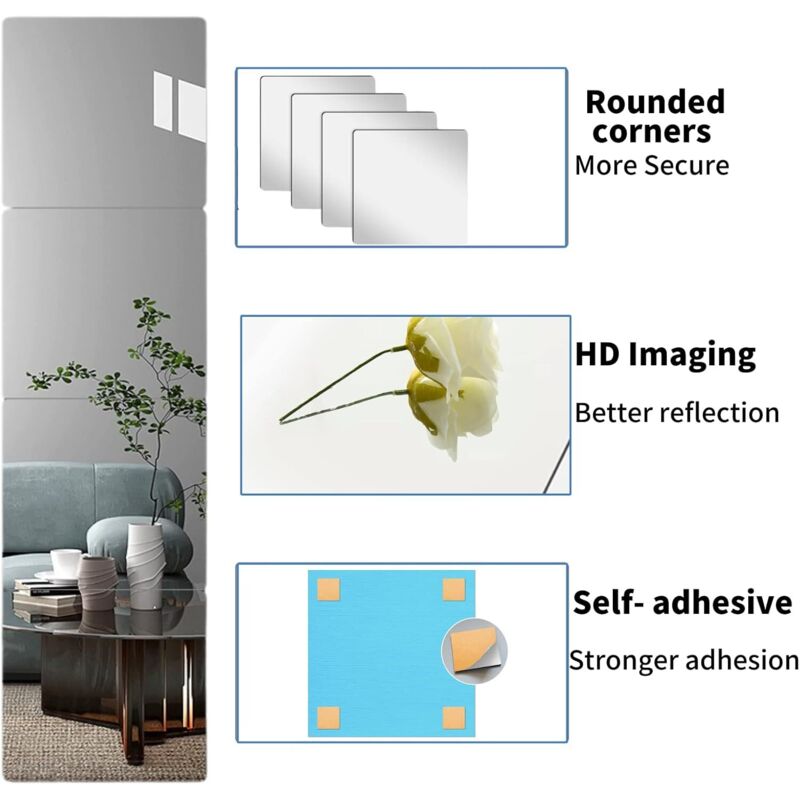 4 Pieces Mirror Sticker, 20 X 20 Cm Acrylic Adhesive Mirror Door, Square Wall Sticky Mirror Flexible Decorative Mirror - Image 2