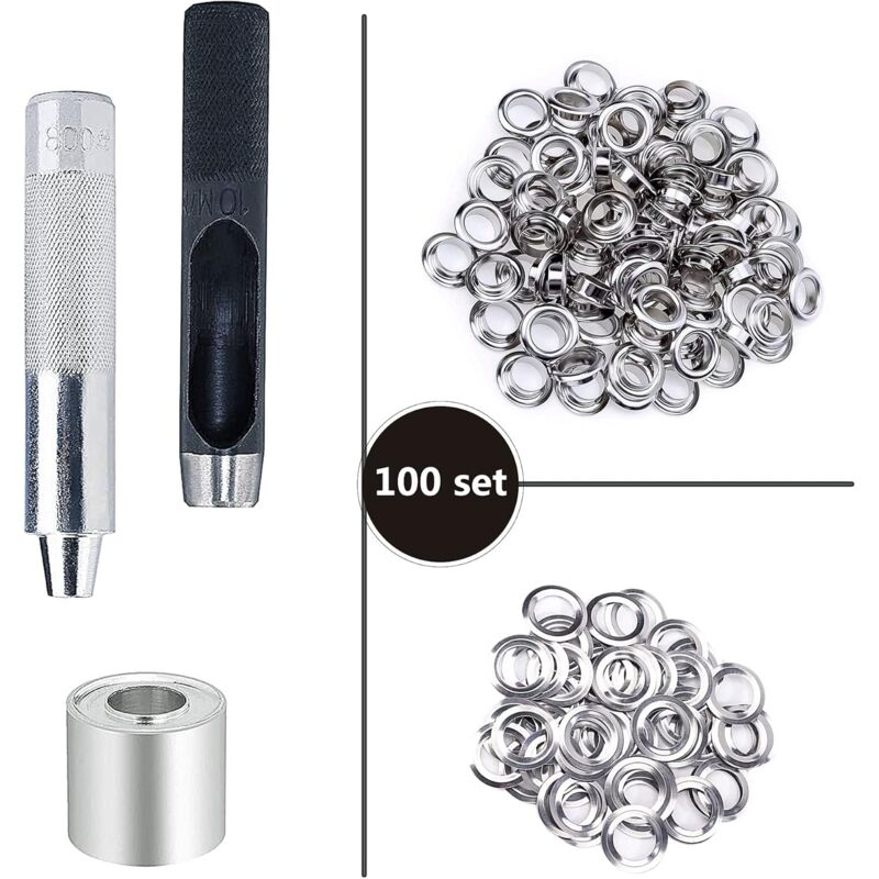 Grommet Kit Tools 10Mm Metal Eyelets Sets 100 Set Grommets Eyelets Kit For Canvas Tarpaulin Tent Repair Silver (2/5 - Image 4