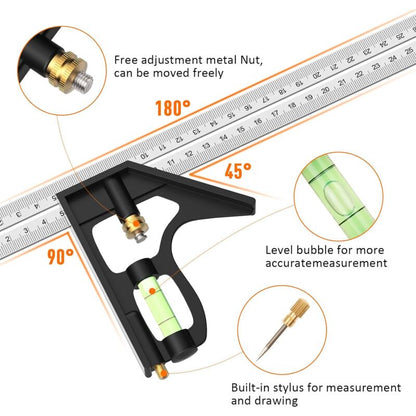 Combination Square, 12'/300Mm Stainless Steel Square Carpentry Tools, 45/90 Degree Ruler With Spirit Level. - Image 2