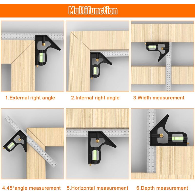 Combination Square, 12'/300Mm Stainless Steel Square Carpentry Tools, 45/90 Degree Ruler With Spirit Level. - Image 4