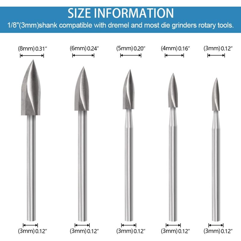 Wood Carving Bit Set For ROtary Tool, 5 Pieces Wood Carving Bits With 1/8 Inch Shank For Diy Woodworking, Engraving, - Image 2