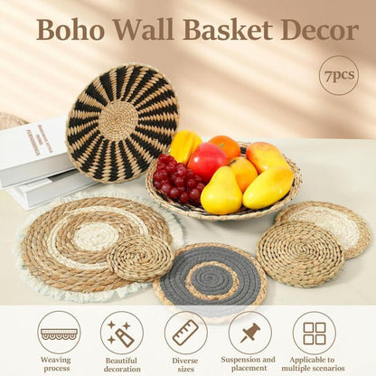7 pcs Set Handmade Bohemian Wall Hanging Basket Wicker Rattan Wall Decor For Bedroom Dining ROom Office - Image 2