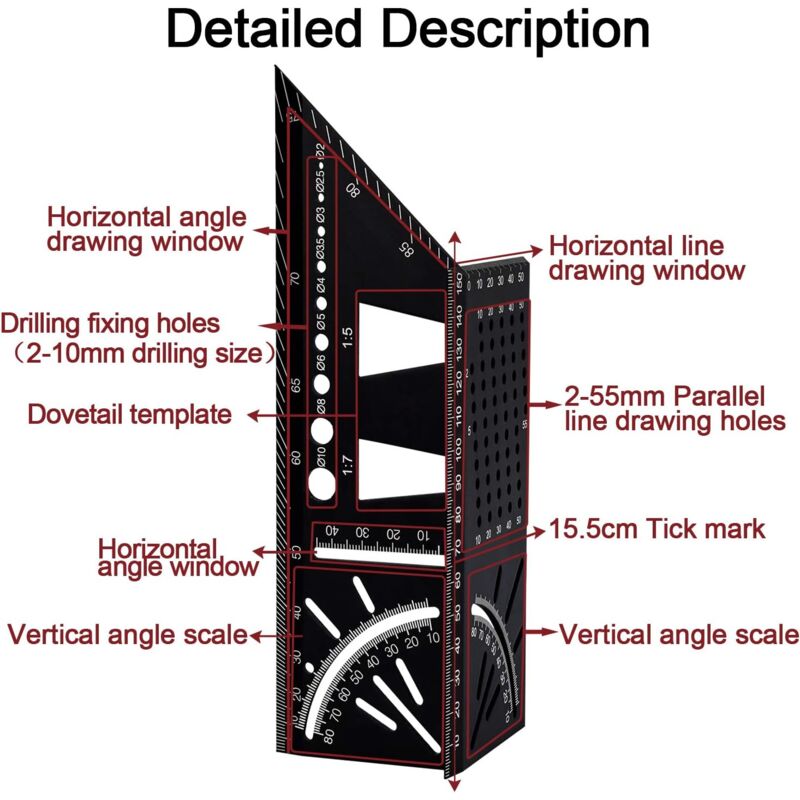 3D Aluminum Alloy Carpenter Square, 90 To 45 Degree Professional Angle Ruler, Woodworking Measuring Ruler Suitable For - Image 2