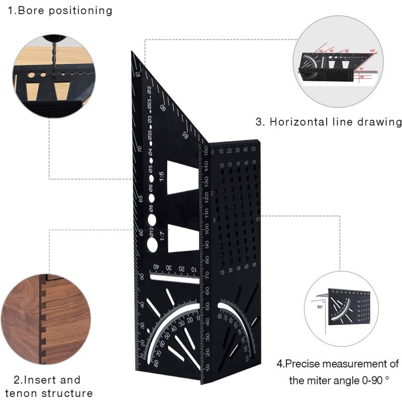 3D Aluminum Alloy Carpenter Square, 90 To 45 Degree Professional Angle Ruler, Woodworking Measuring Ruler Suitable For - Image 3