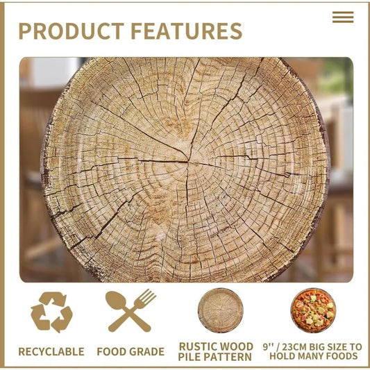 50 Pack 9" Rustic Wood Grain Paper Plates Disposable (Wood Grain 02) - Image 4