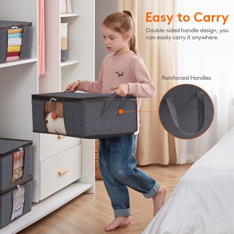 3 Pack 35L Clothes Storage Bag, Foldable Underbed Storage Box, Quilt Storage Cover Closet Organizer, Clear Window In - Image 3