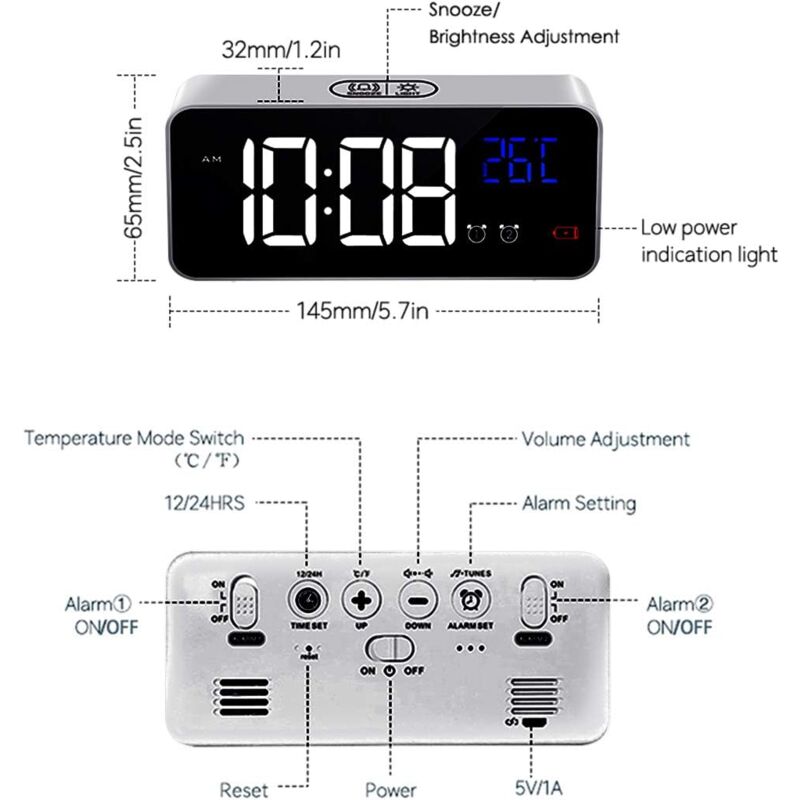 Digital Alarm Clock With Large LED Temperature Display, Portable Mirror Alarm Clock With Dual Alarms (Silver) - Image 2