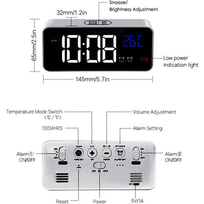 Digital Alarm Clock With Large LED Temperature Display, Portable Mirror Alarm Clock With Dual Alarms (Silver) - Image 2