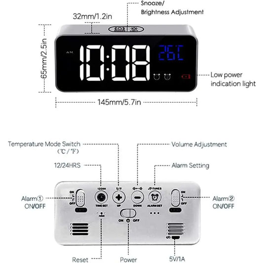 Digital Alarm Clock With Large LED Temperature Display, Portable Mirror Alarm Clock With Dual Alarms (Silver) - Image 2