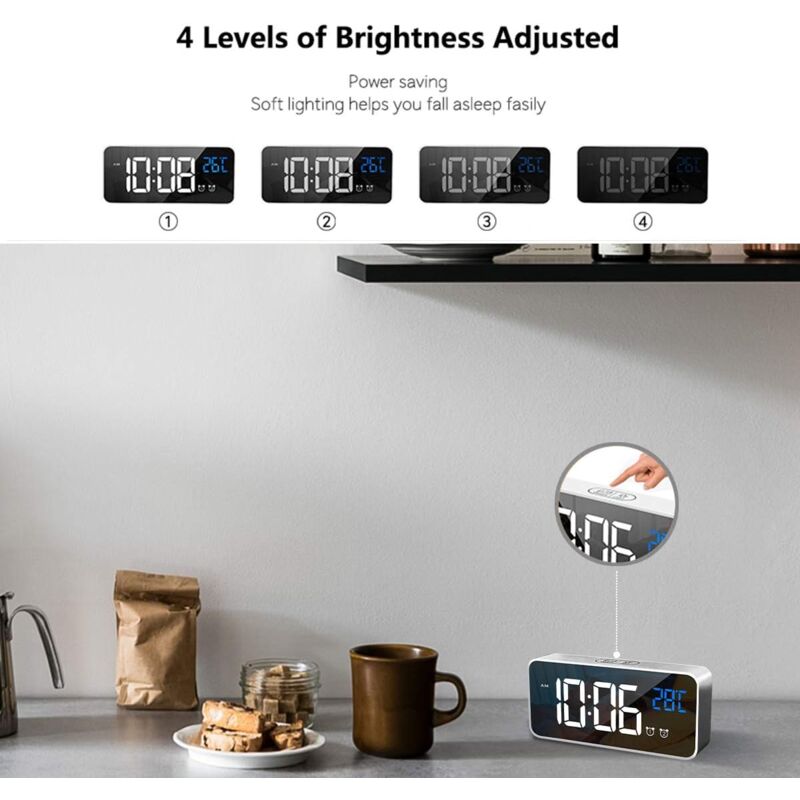 Digital Alarm Clock With Large LED Temperature Display, Portable Mirror Alarm Clock With Dual Alarms (Silver) - Image 3