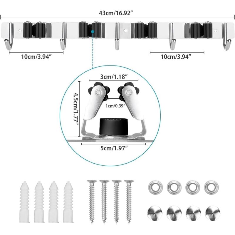 Stainless Steel Wall Mounted Broom Holder, Wall Mounted Broom Hanger With 4 Slots And 5 Hooks For Kitchen, Bathroom, - Image 2