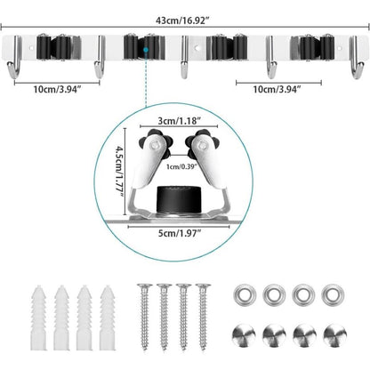 Stainless Steel Wall Mounted Broom Holder, Wall Mounted Broom Hanger With 4 Slots And 5 Hooks For Kitchen, Bathroom, - Image 2