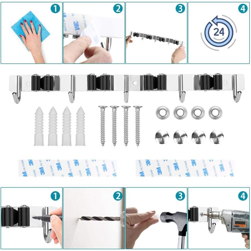 Stainless Steel Wall Mounted Broom Holder, Wall Mounted Broom Hanger With 4 Slots And 5 Hooks For Kitchen, Bathroom, - Image 4