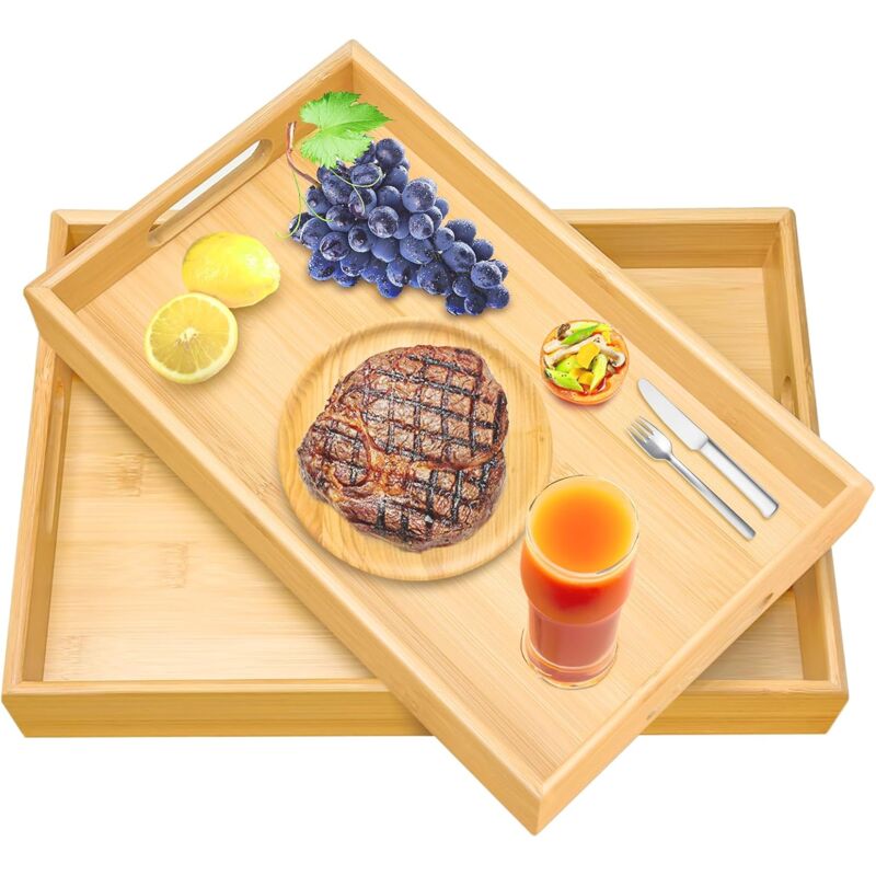 2 pcs Bamboo Serving Trays, Wooden Tray, Rectangular Serving Tray With Handles, Breakfast Tray Serving Tray For - Image 2