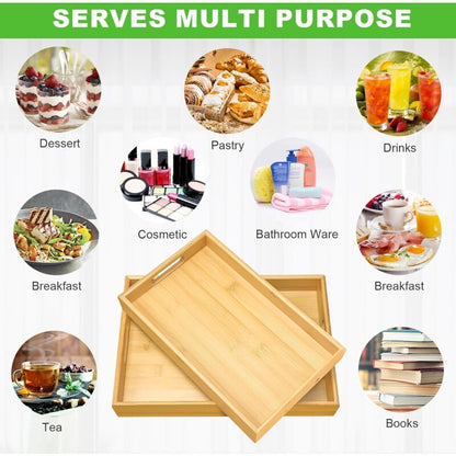 2 pcs Bamboo Serving Trays, Wooden Tray, Rectangular Serving Tray With Handles, Breakfast Tray Serving Tray For - Image 4