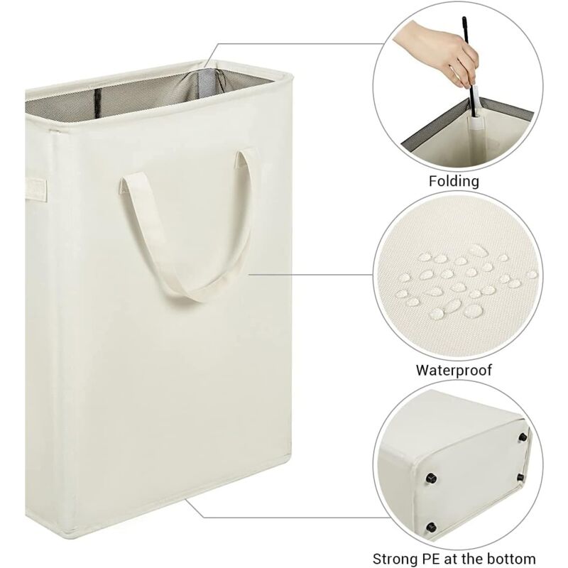 Long Foldable Laundry Basket With Handles 45L Beige - Image 3