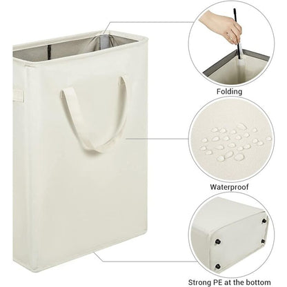 Long Foldable Laundry Basket With Handles 45L Beige - Image 3