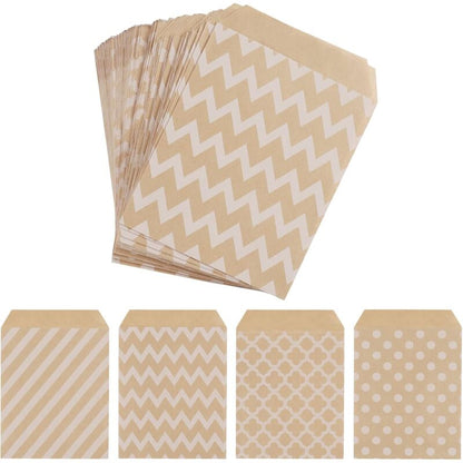100 Pack Kraft Paper Candy Bags, Candy Cookie Favor Snacks Buffet Grocery Packaging, 4 Different Style No Wax Sweet