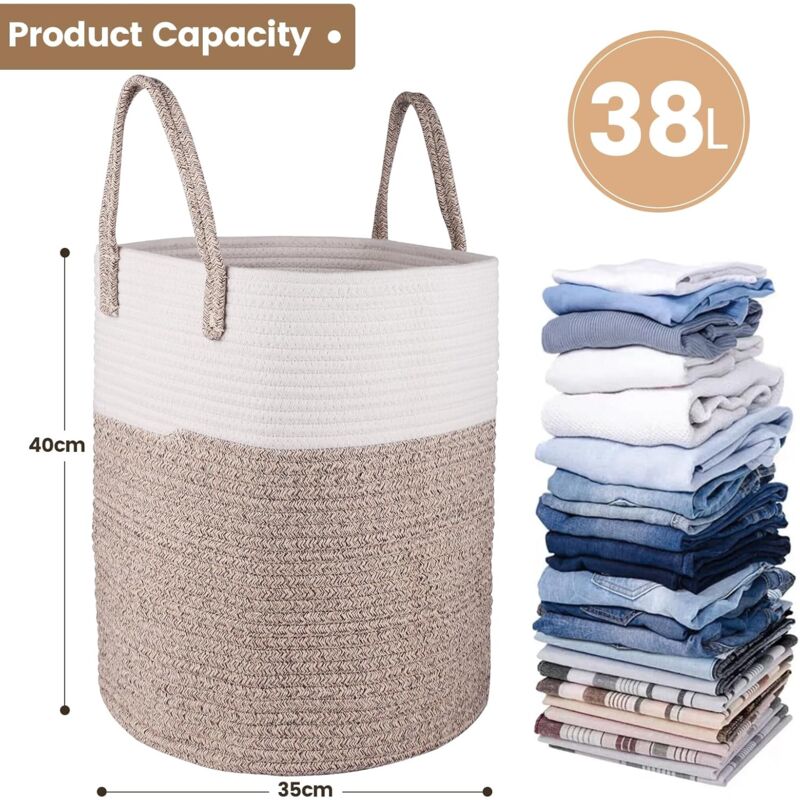 Laundry Basket - 40 X 35 Cm Foldable Storage Baskets - Cotton ROpe Laundry Basket With Handles - Toy Storage Basket - - Image 2