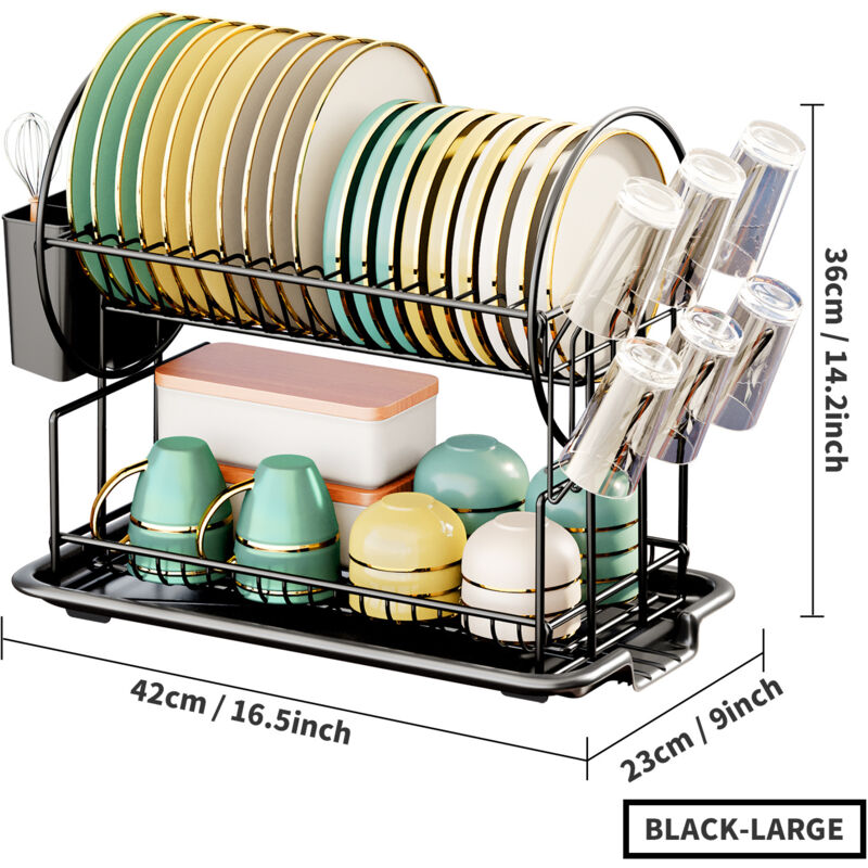 Black 2-Tier Kitchen Dish Drainer, Stainless Steel With Utensil Holder And Drip Tray - Image 2