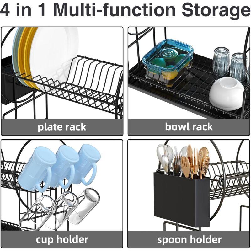 Black 2-Tier Kitchen Dish Drainer, Stainless Steel With Utensil Holder And Drip Tray - Image 4