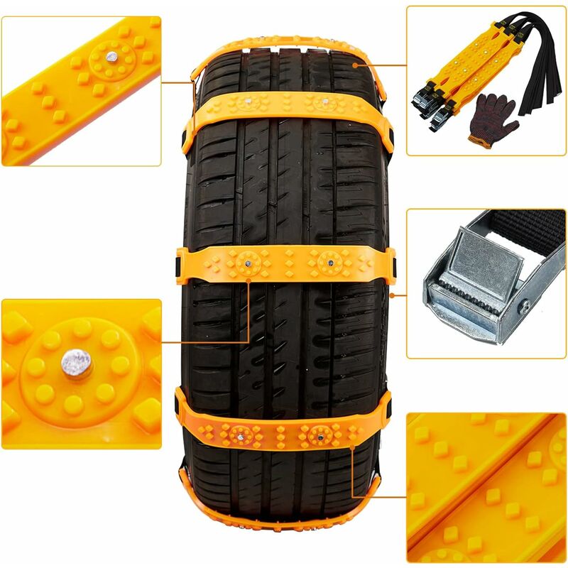 10 pcs Car Snow Socks 185-225 Mm, Yellow Snow Chains, Adjustable Emergency Traction Cables Anti-Slip Car Tire Chain, - Image 3