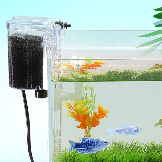 Ultra-slim hang-on aquarium filter, suitable for tanks up to 20 liters; features three-stage adjustable filtration, a flow rate of 250 L/h, and 3W power; USB-powered model. - Image 3