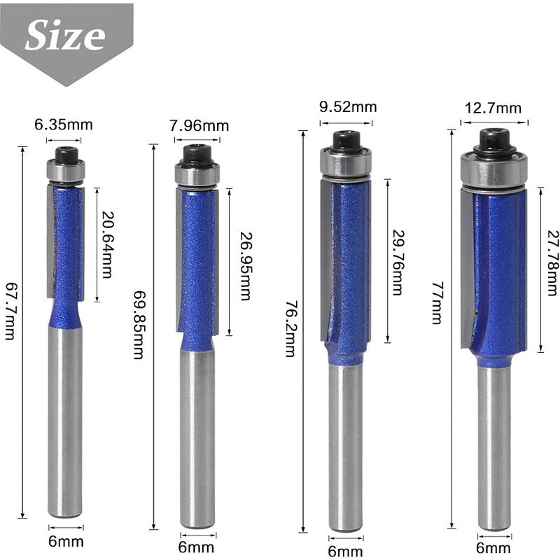 4Pc Flush Trim ROuter Bit Set - 6Mm Shank - Ball Bearings - Grooving ROuter Bit - Wood ROuter Bit - Grooving ROuter Bit - Image 2