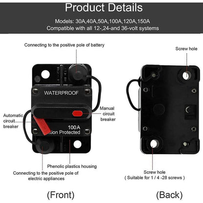 Car Circuit Breaker 30A - 150A, Dc 12V - 48V Waterproof Circuit Breaker With Manual Reset For Auto Car Marine Boat Bike - Image 3