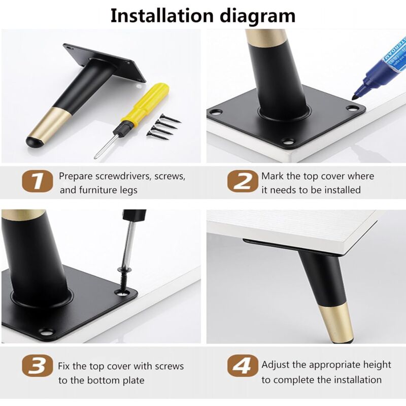 4 pcs Set Furniture Legs 10Cm Metal Table Chair Legs With Non-Slip Silent Base Black+Gold - Image 4