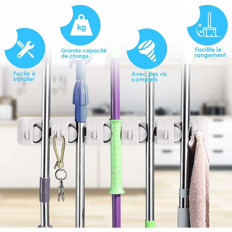 Wall Mounted Broom Holder With 5 Slots And 6 Hooks/Wall Mounted Broom Holder For Bathroom, Kitchen Or Garage - Light - Image 2