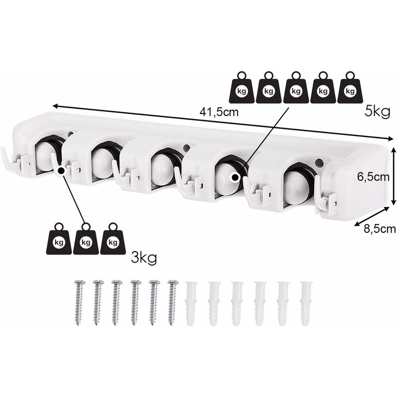 Wall Mounted Broom Holder With 5 Slots And 6 Hooks/Wall Mounted Broom Holder For Bathroom, Kitchen Or Garage - Light - Image 4