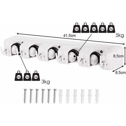 Wall Mounted Broom Holder With 5 Slots And 6 Hooks/Wall Mounted Broom Holder For Bathroom, Kitchen Or Garage - Light - Image 4
