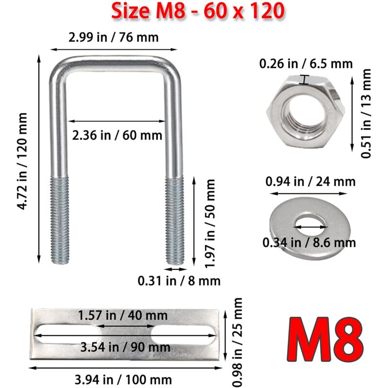 Square U-Bolts, 60X120Mm Stainless Steel U-Bolts, M8 U-Bolt With Frame Plate Nut And Washer, M8 U-Bolt For Fixing - Image 2